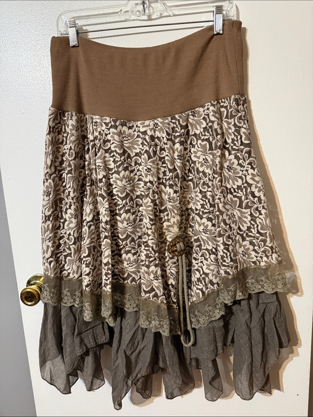 Asymmetrical Brown Lace Layered Midi Skirt